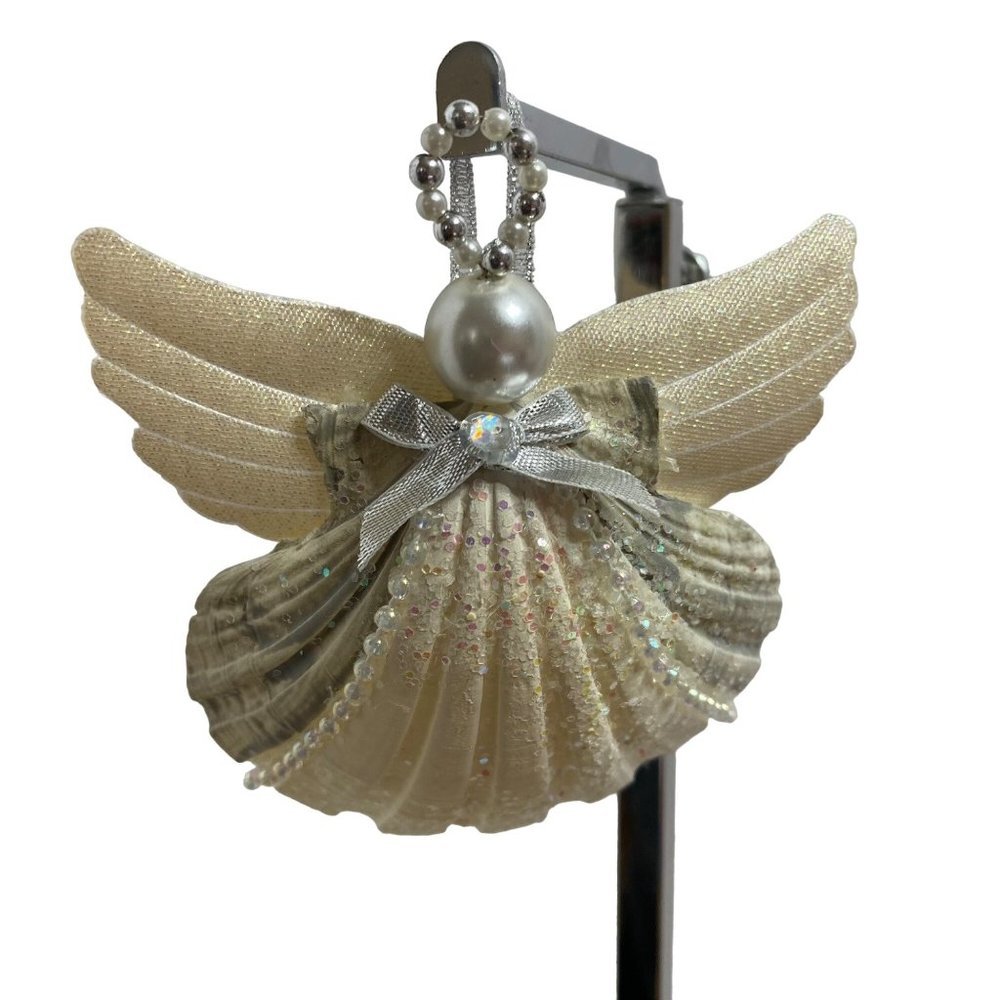 White Glitter Scallop Seashell Shell Angel Holiday Ornament 4.25"